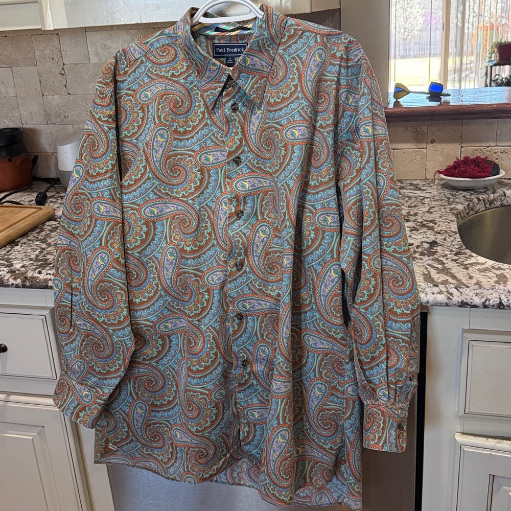 Paul Fredrick 100% Cotton Paisley Shirt in Soft Blue and Orange. LVery Good Cond - Picture 3 of 10